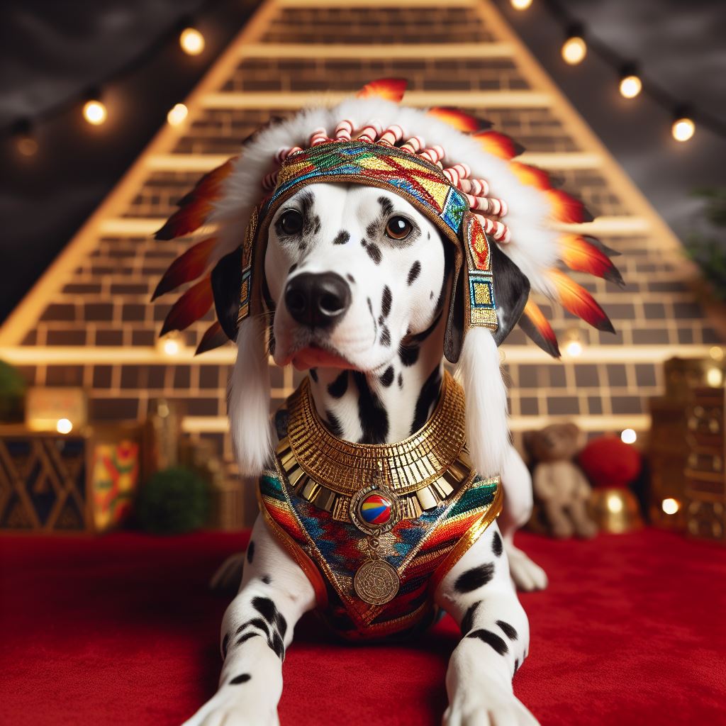 perro vestido con ropa azteca