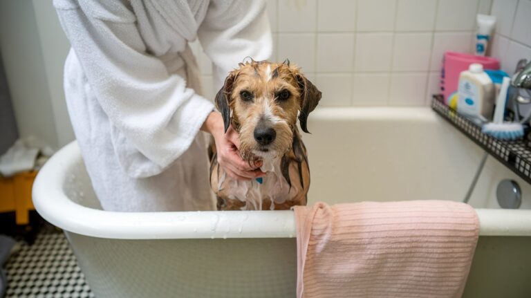 perro en la bañera